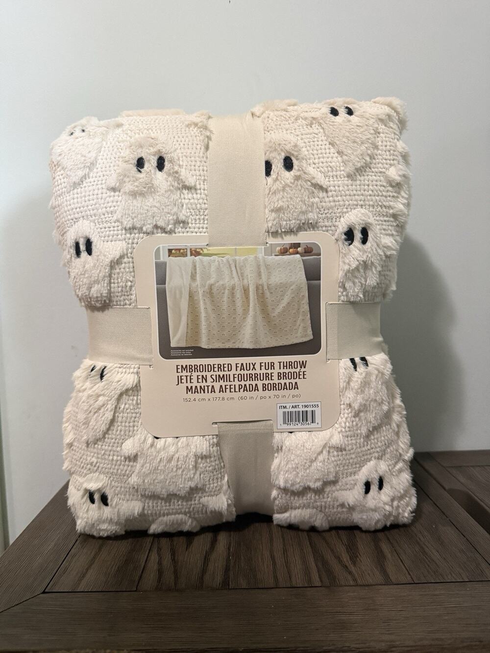 Costco Ghost Cream Embroidered Faux Fur Throw with Black Accent Eyes